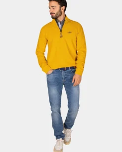 Okergele katoenen sweater met halve rits - Warm Ocre