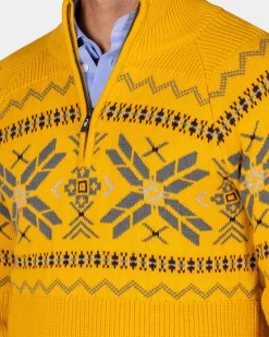 Okergele pullover met halve rits en gekleurd motief - Warm Ocre
