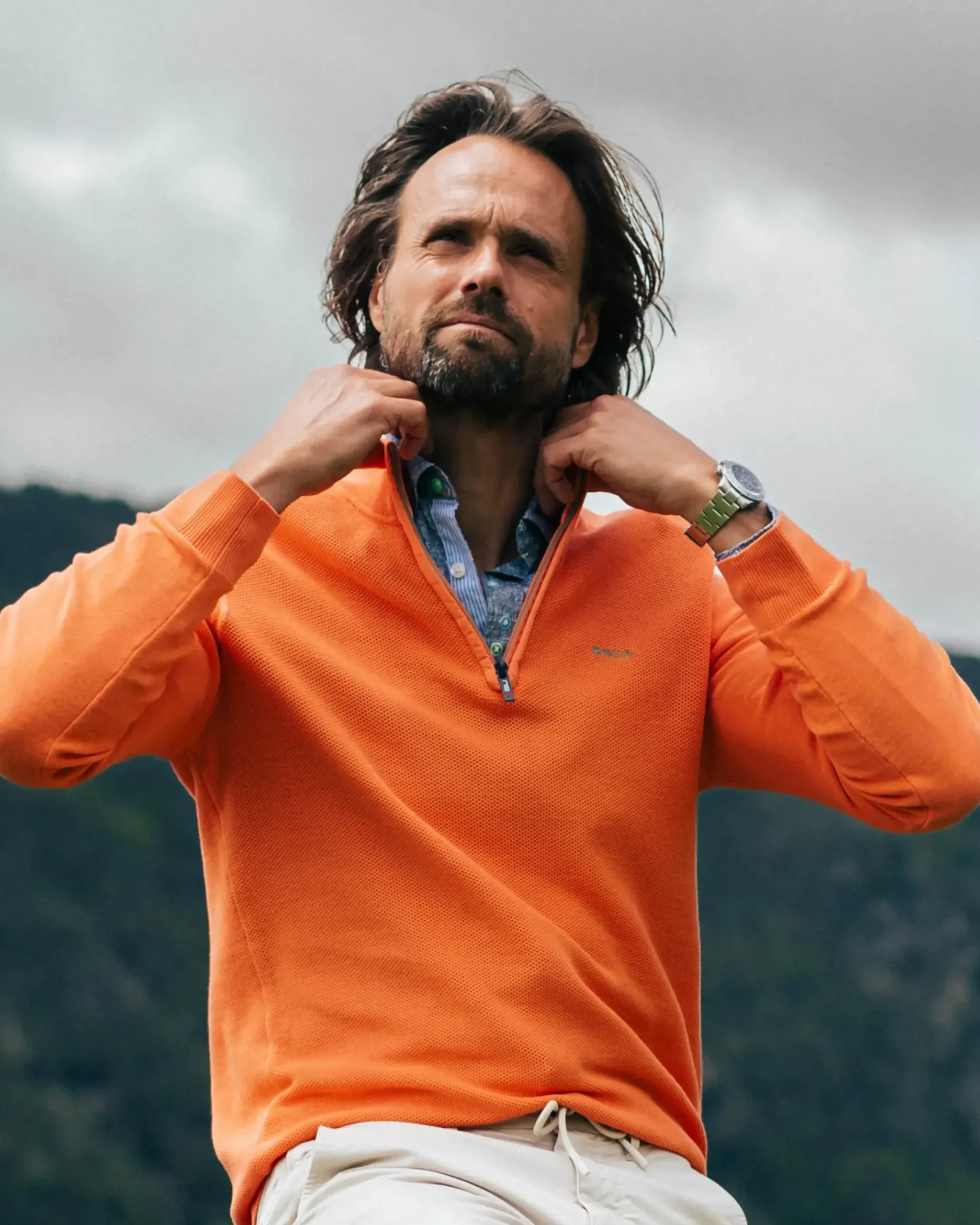Oranje basis pullover met halve rits