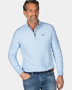 Pastelblauwe basis pullover met halve rits