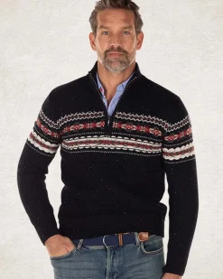 Pullover met halve rits van katoen en wol - Pitch navy