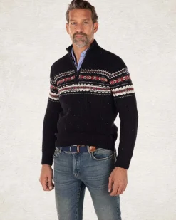 Pullover met halve rits van katoen en wol - Pitch navy