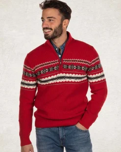Pullover met halve rits van katoen en wol - Carmine red