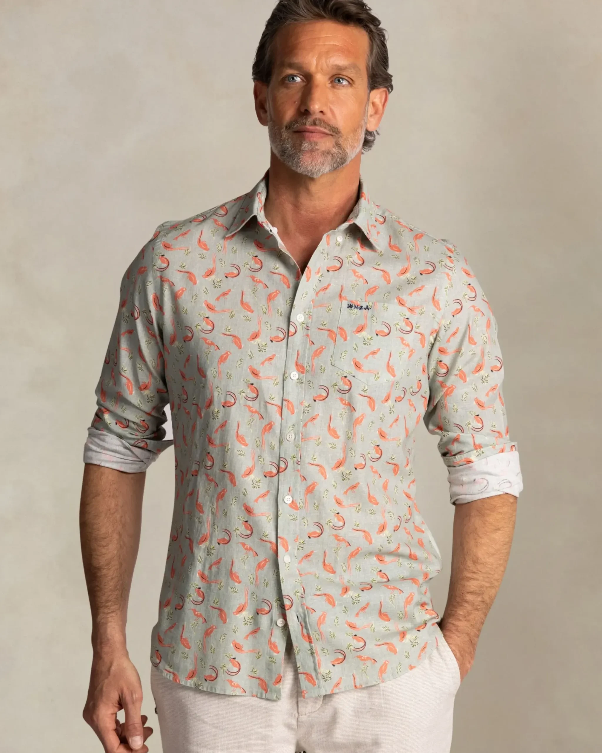 Taupe overhemd met oranje grafische print
