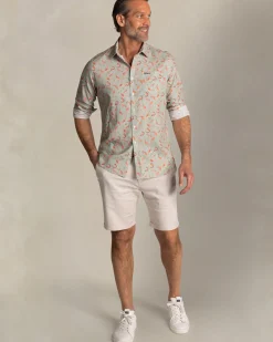 Taupe overhemd met oranje grafische print